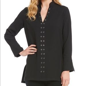 Ming Wang Black Mandarin Collar Grommet Embellished Long Sleeve Blouse Top